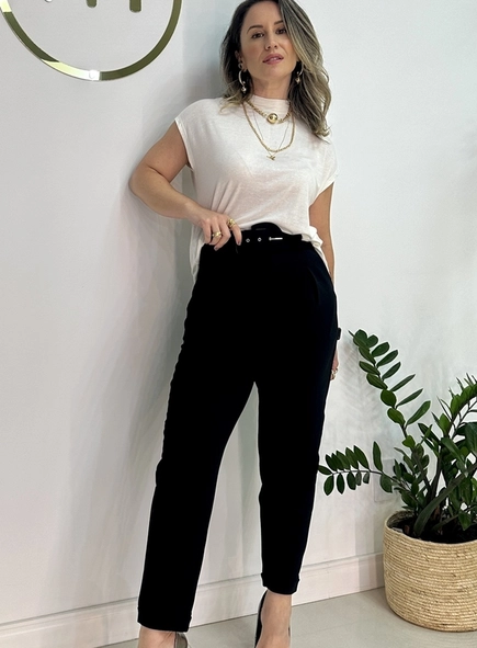 calca de malha crepe com pregas