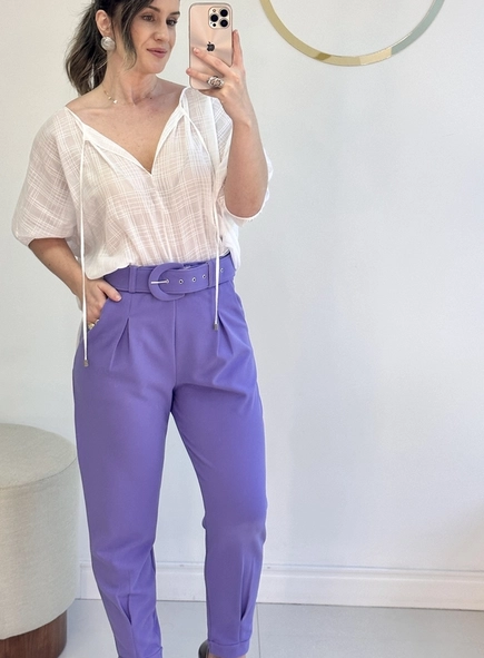 calca de malha crepe com pregas