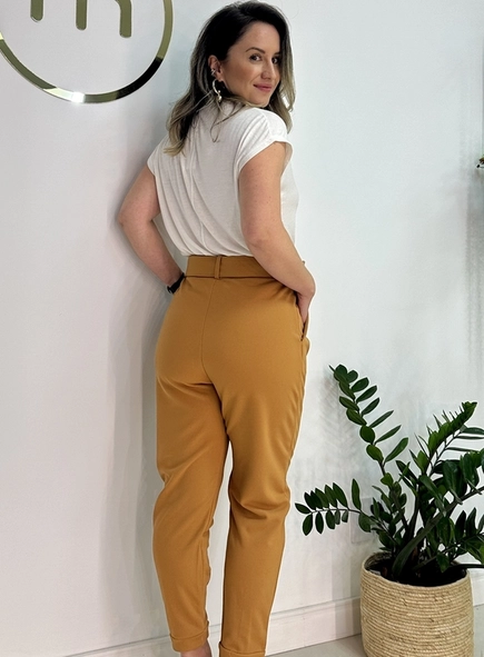 calca de malha crepe com pregas