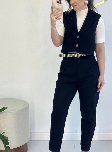 calca de malha crepe com pregas