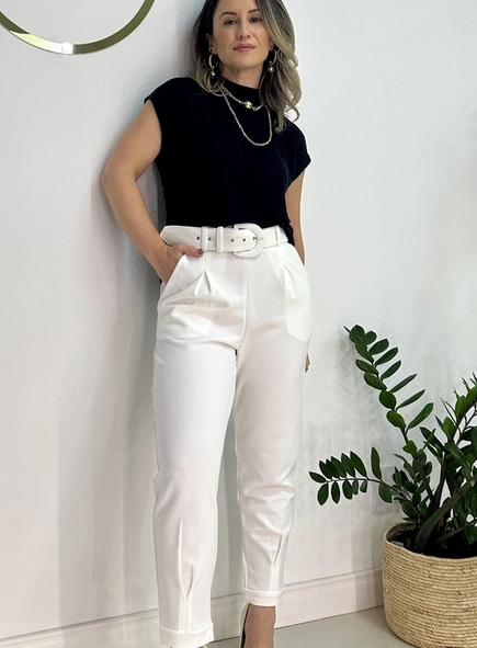 calca de malha crepe com pregas