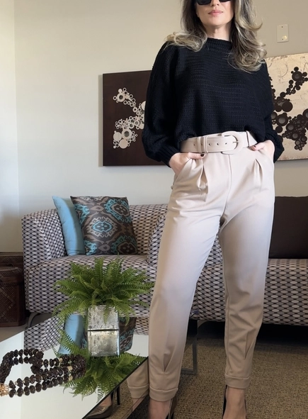 calca de malha crepe com pregas