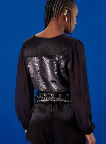 blusa paetê open manga longa