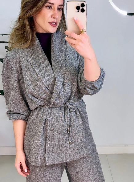 casaco kimono lurex manga bufante animale jeans