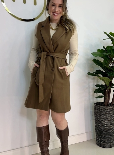 colete alongado lã faixa amarração