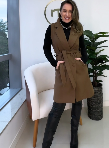 colete alongado lã faixa amarração