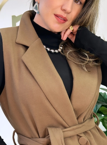 colete alongado lã faixa amarração