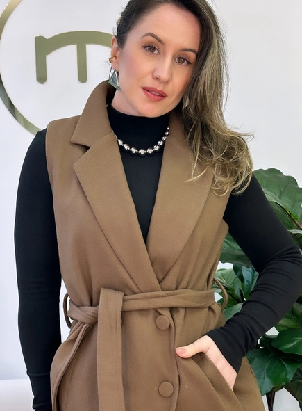 colete alongado lã faixa amarração