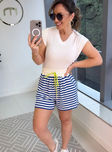 short animale jeans malha listrada