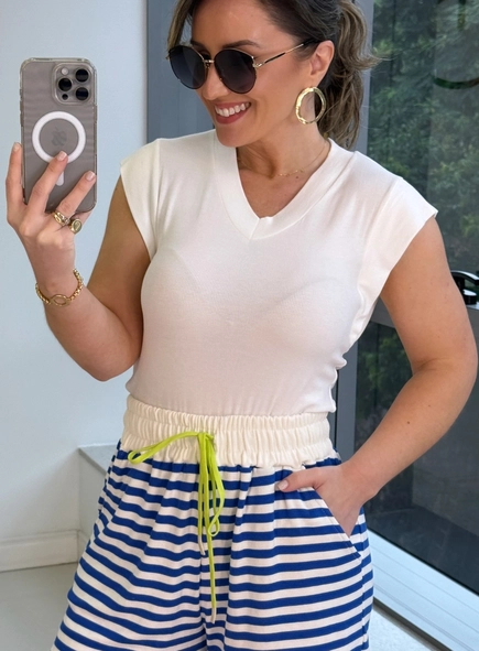 short animale jeans malha listrada