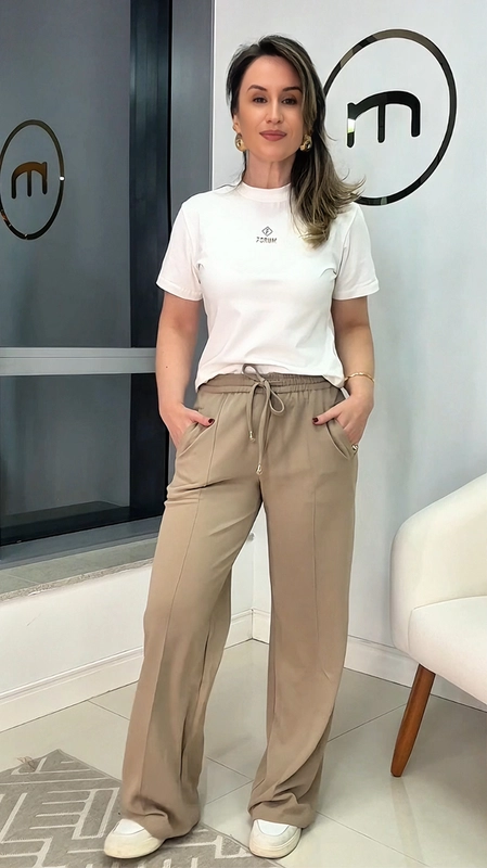Calça sport chic wideleg malha crepe