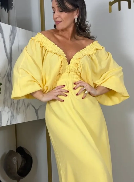 vestido linho decote drapeado