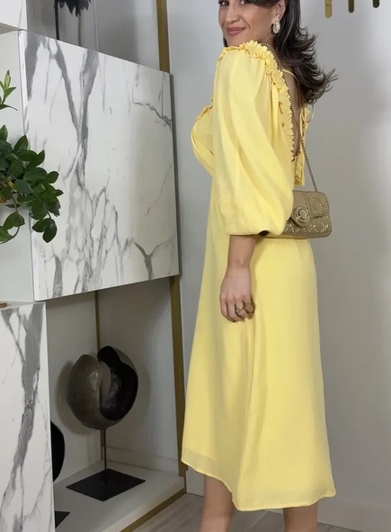 vestido linho decote drapeado