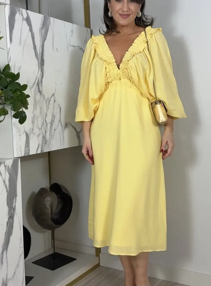 vestido linho decote drapeado