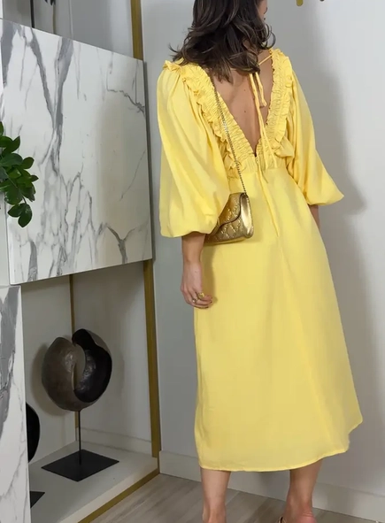 vestido linho decote drapeado