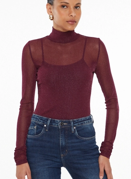 blusa tule animale jeans brilho gola alta combinação