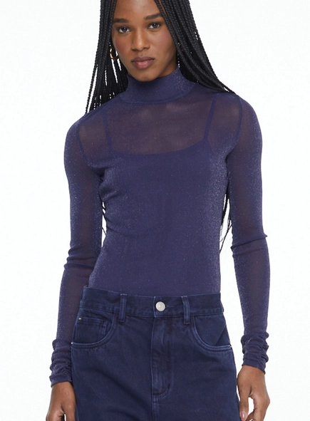 blusa tule animale jeans brilho gola alta combinação