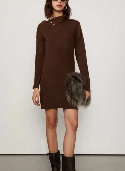 vestido curto tricot animale jeans botões gola e manga