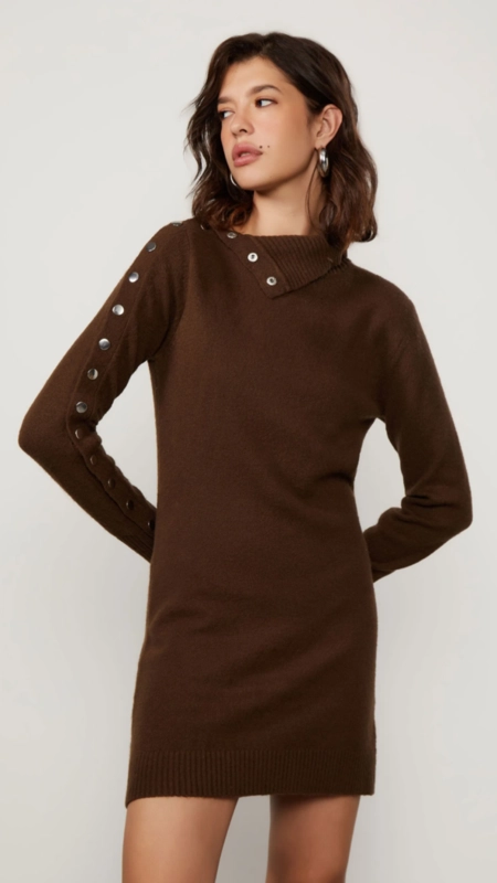 vestido curto tricot animale jeans botões gola e manga