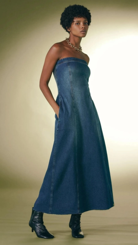 vestido midi jeans animale jeans sem alça lastex