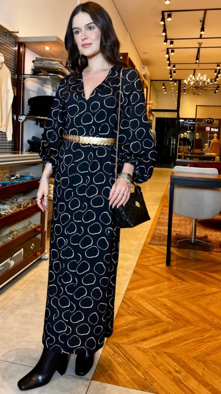 vestido midi animale ml malha est pois aro