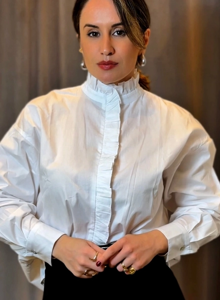 camisa ml animale tricoline babado gola e vista