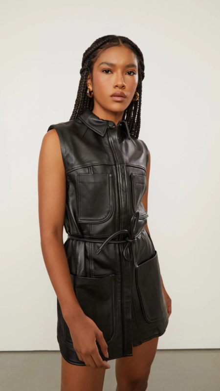 vestido de couro curto animale bolso frontal