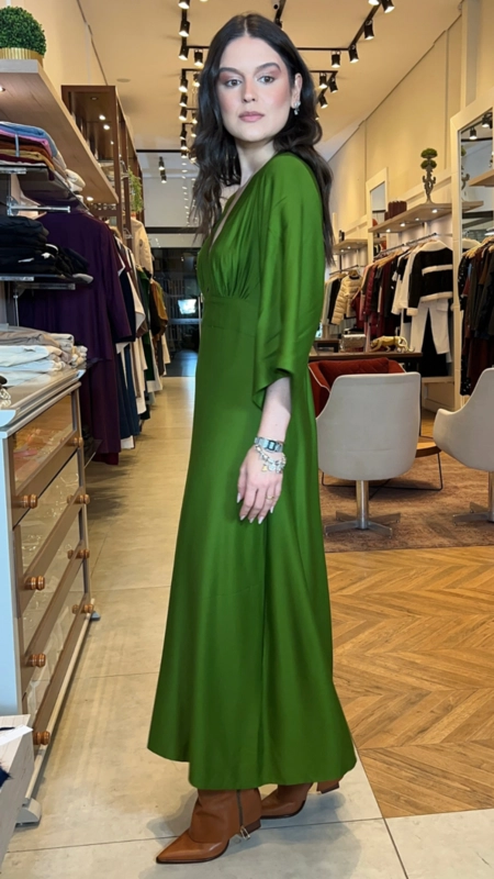 vestido midi meia manga acetinado forum