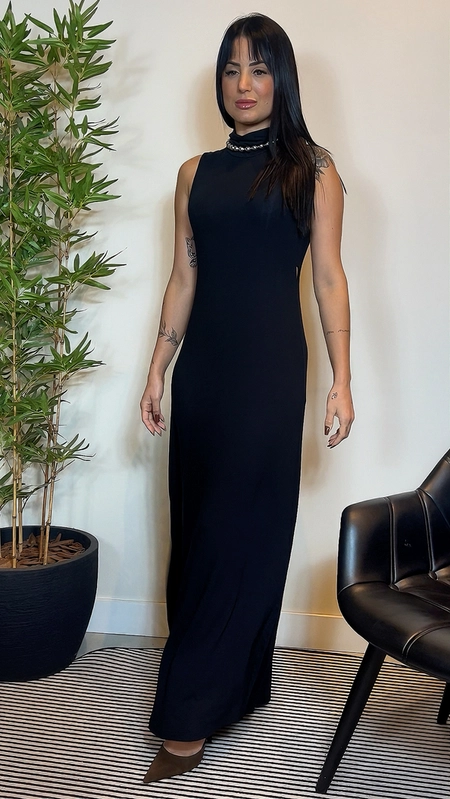 vestido longo malha sem manga gola alta forum