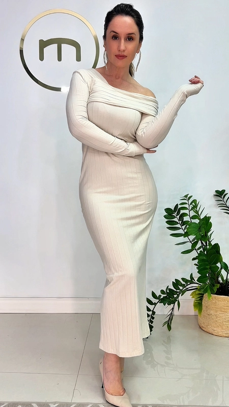 vestido midi ml canelado decote assimétrico forum