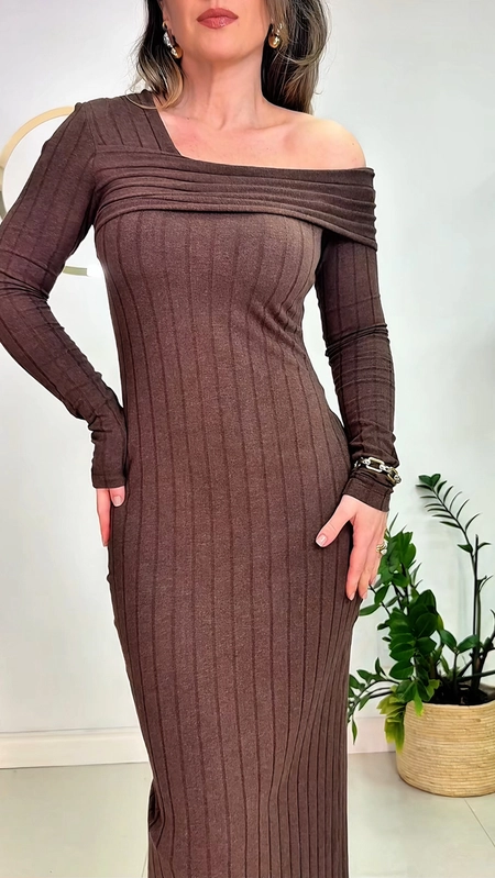 vestido midi ml canelado decote assimétrico forum