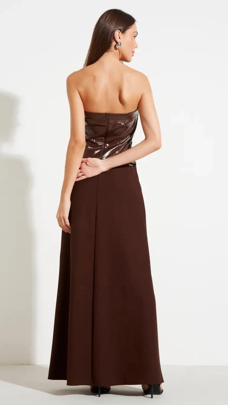 vestido longo crepe e pu sem alça forum