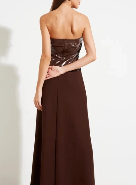 vestido longo crepe e pu sem alça forum