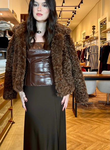 vestido longo crepe e pu sem alça forum