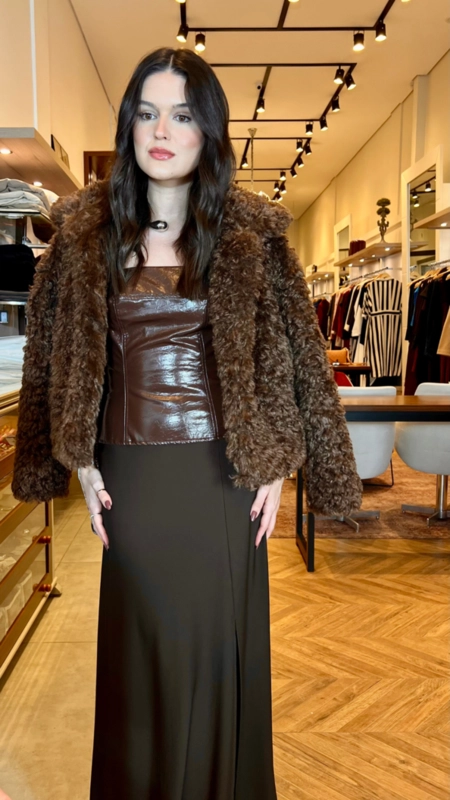 vestido longo crepe e pu sem alça forum