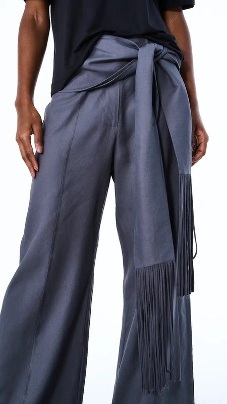 calça linho open det amarração franjas
