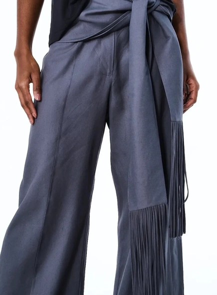 calça linho open det amarração franjas