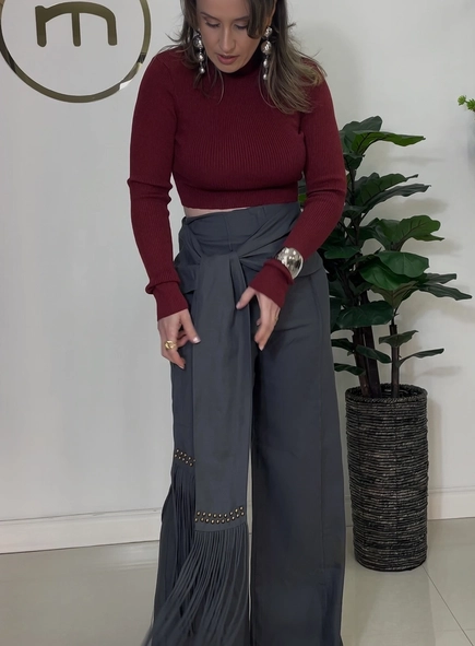 calça linho open det amarração franjas