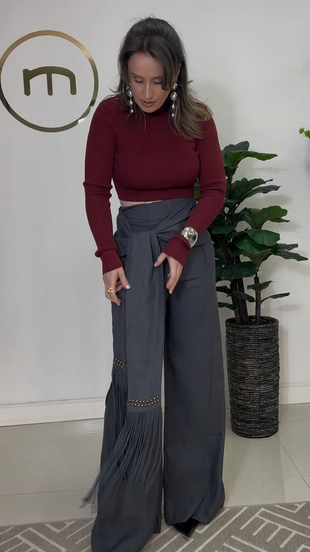 calça linho open det amarração franjas