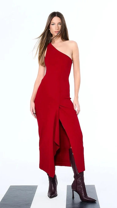 vestido open um ombro malha fenda assimétrica