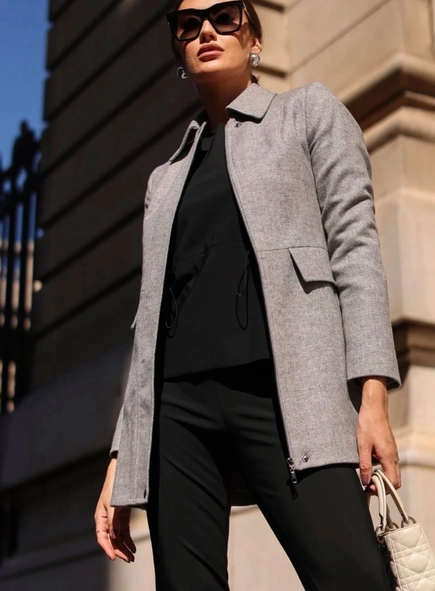 casaco de lã 3/4 zíper borda barroca