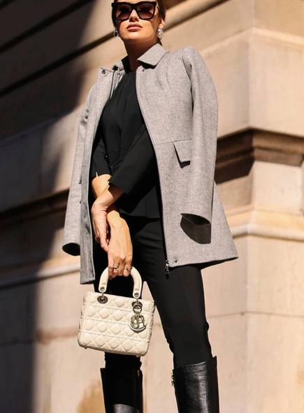 casaco de lã 3/4 zíper borda barroca