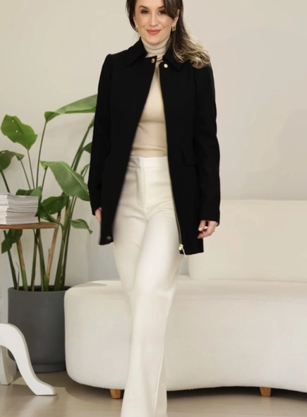 casaco de lã 3/4 zíper borda barroca