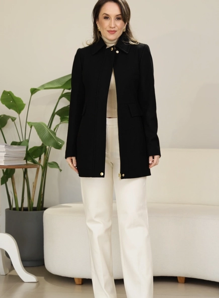 casaco de lã 3/4 zíper borda barroca