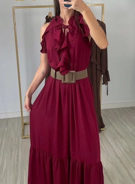 Vestido longo chiffon sem manga babados