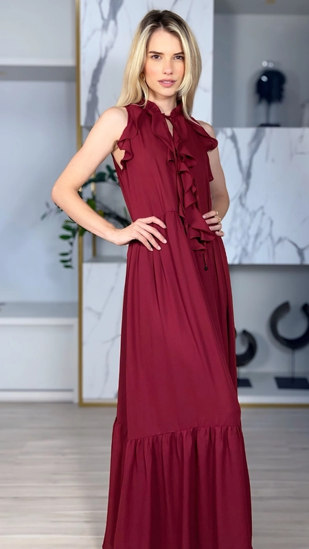 vestido longo chiffon sem manga babados