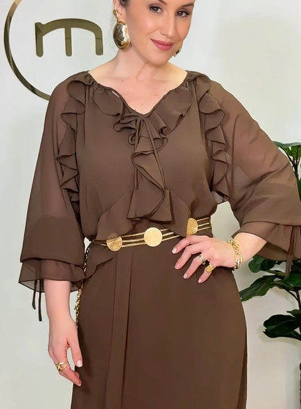 vestido boho chiffon manga longa com forro