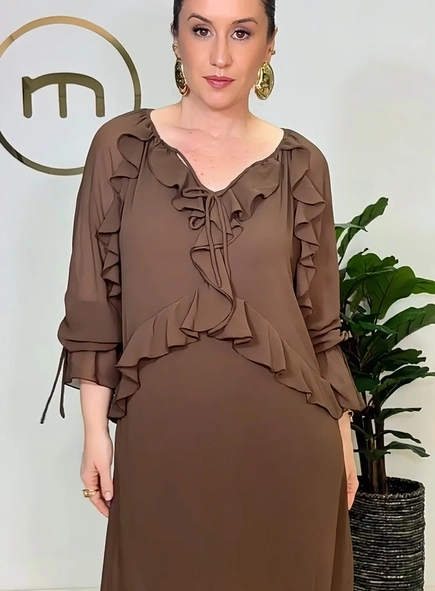 vestido boho chiffon manga longa com forro