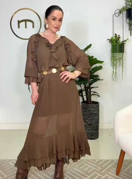 vestido boho chiffon manga longa com forro