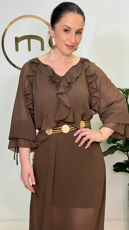 vestido boho chiffon manga longa com forro